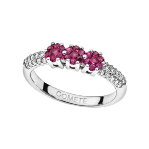 anello trilogy comete gioielli cluster pavè diamanti rubini rossi rose