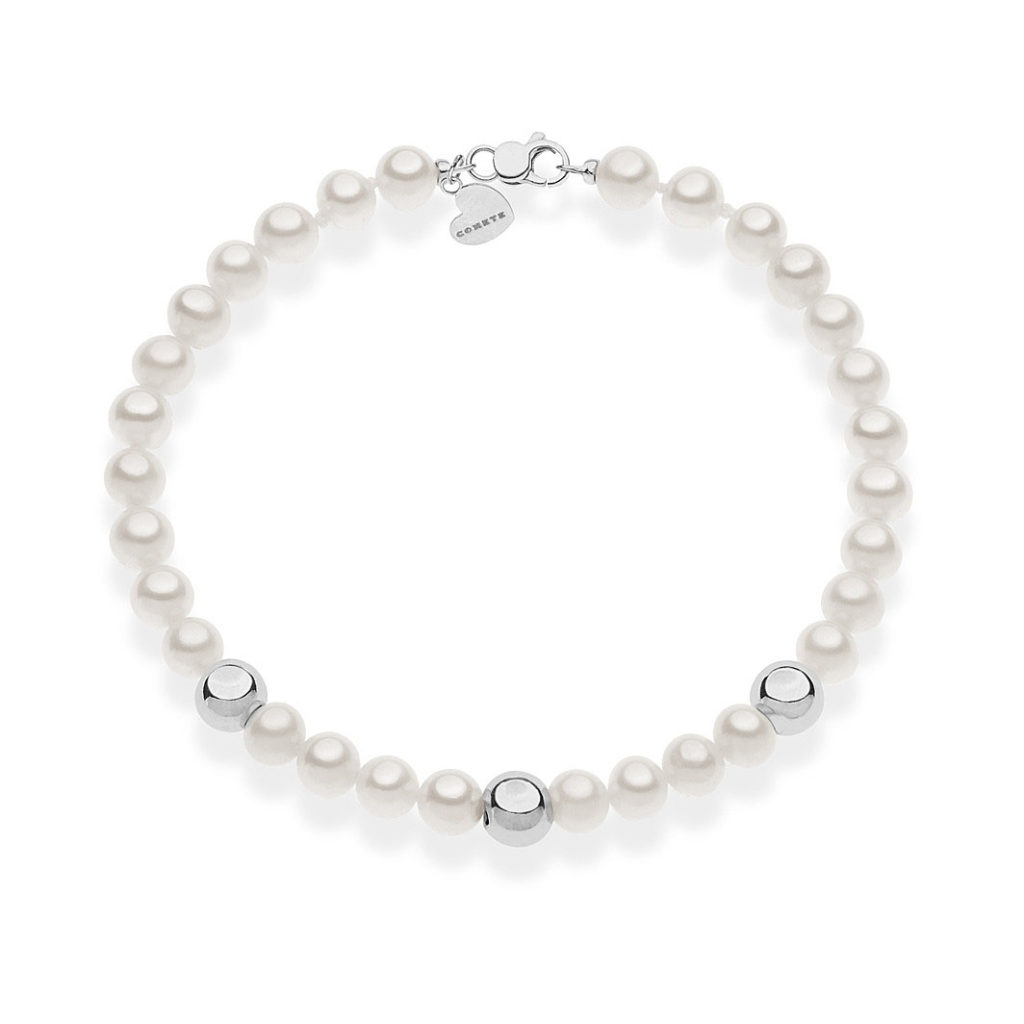 bracciale comete perle bianche boule sfere oro bianco