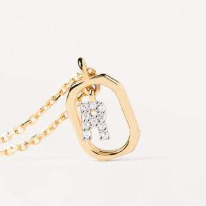collana donna con ciondolo lettera iniziale r mini in argento placcato oro giallo e zirconi di pdpaola