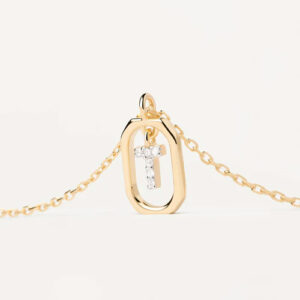collana donna con ciondolo lettera iniziale t mini in argento placcato oro giallo e zirconi di pdpaola