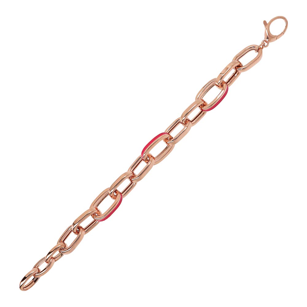 bracciale da donna a catena con maglie ovali placcato oro rosa con smalto rosa fucsia bronzallure wsbz02126fuchsia