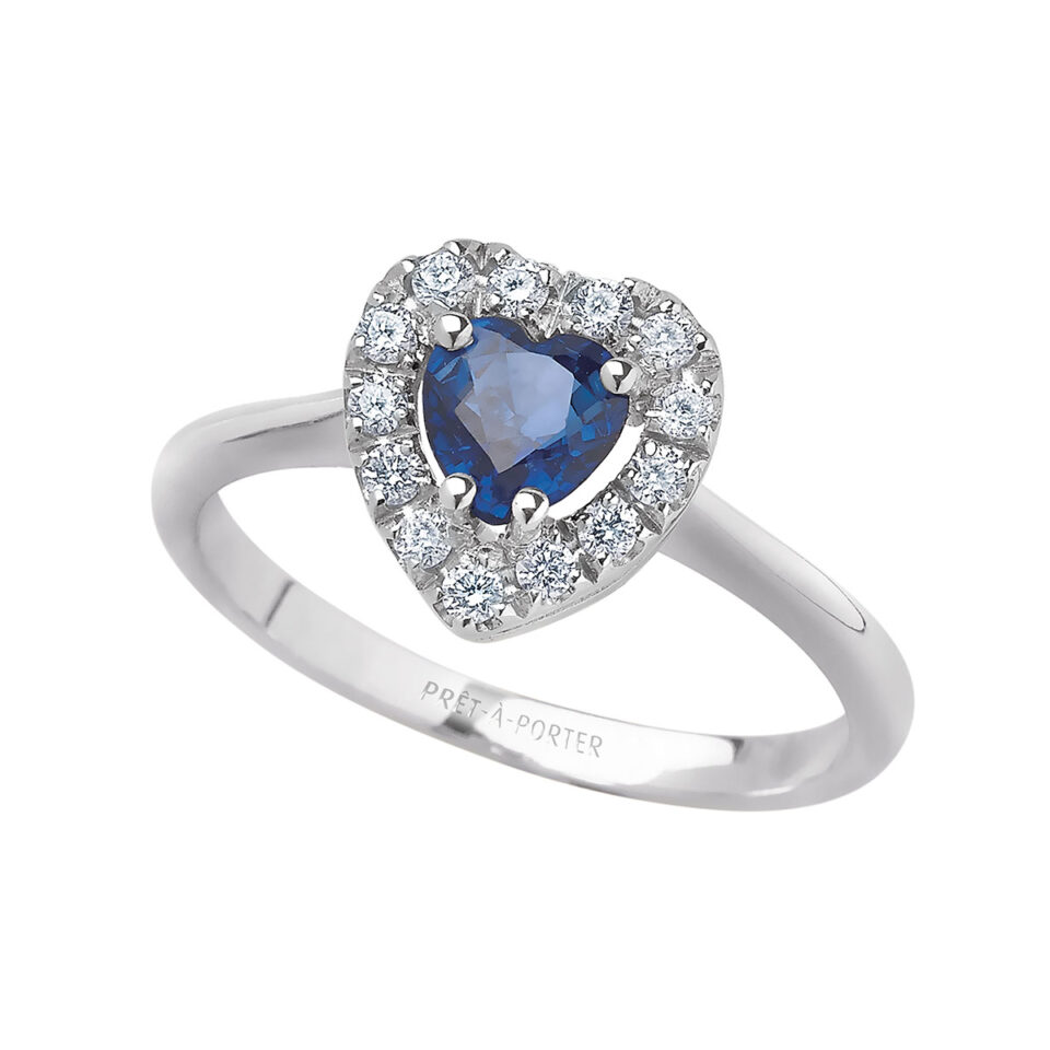 anello donna in oro bianco zaffiro blu a cuore e diamanti bibigì