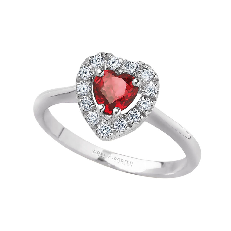 anello donna in oro bianco rubino rosso a cuore e diamanti bibigì