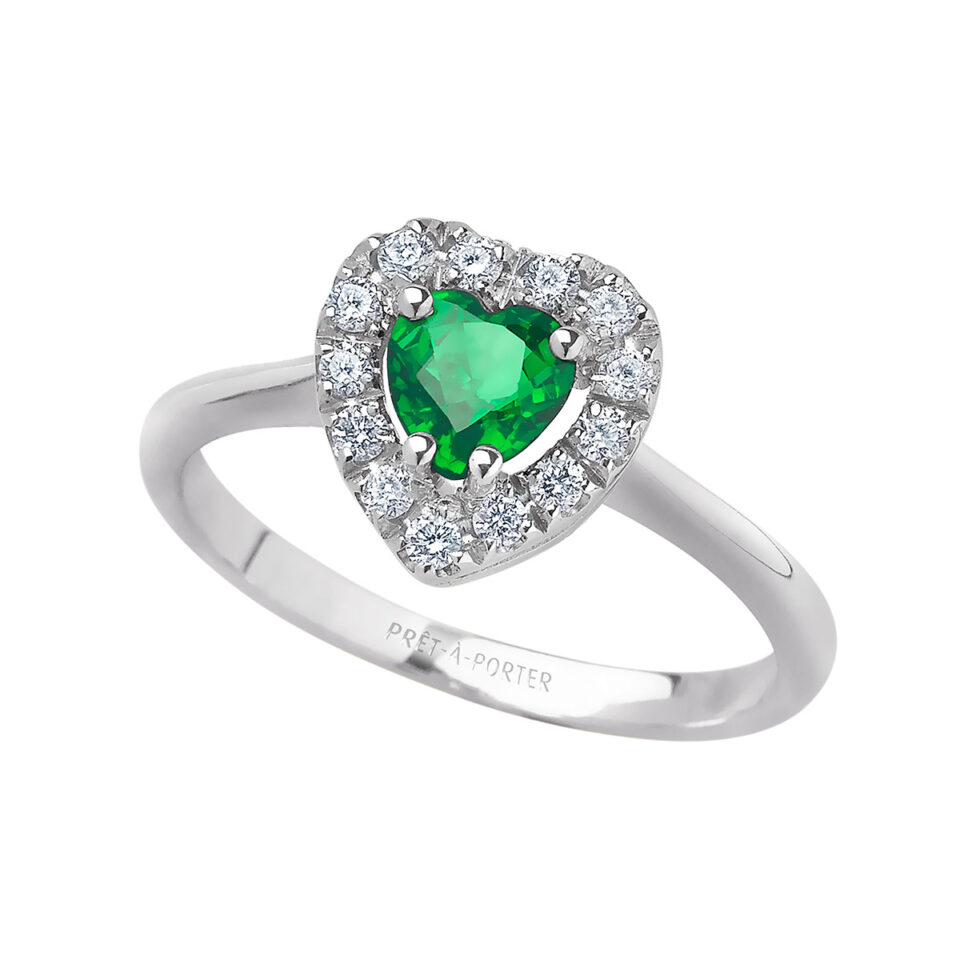 anello donna in oro bianco smeraldo verde a cuore e diamanti bibigì