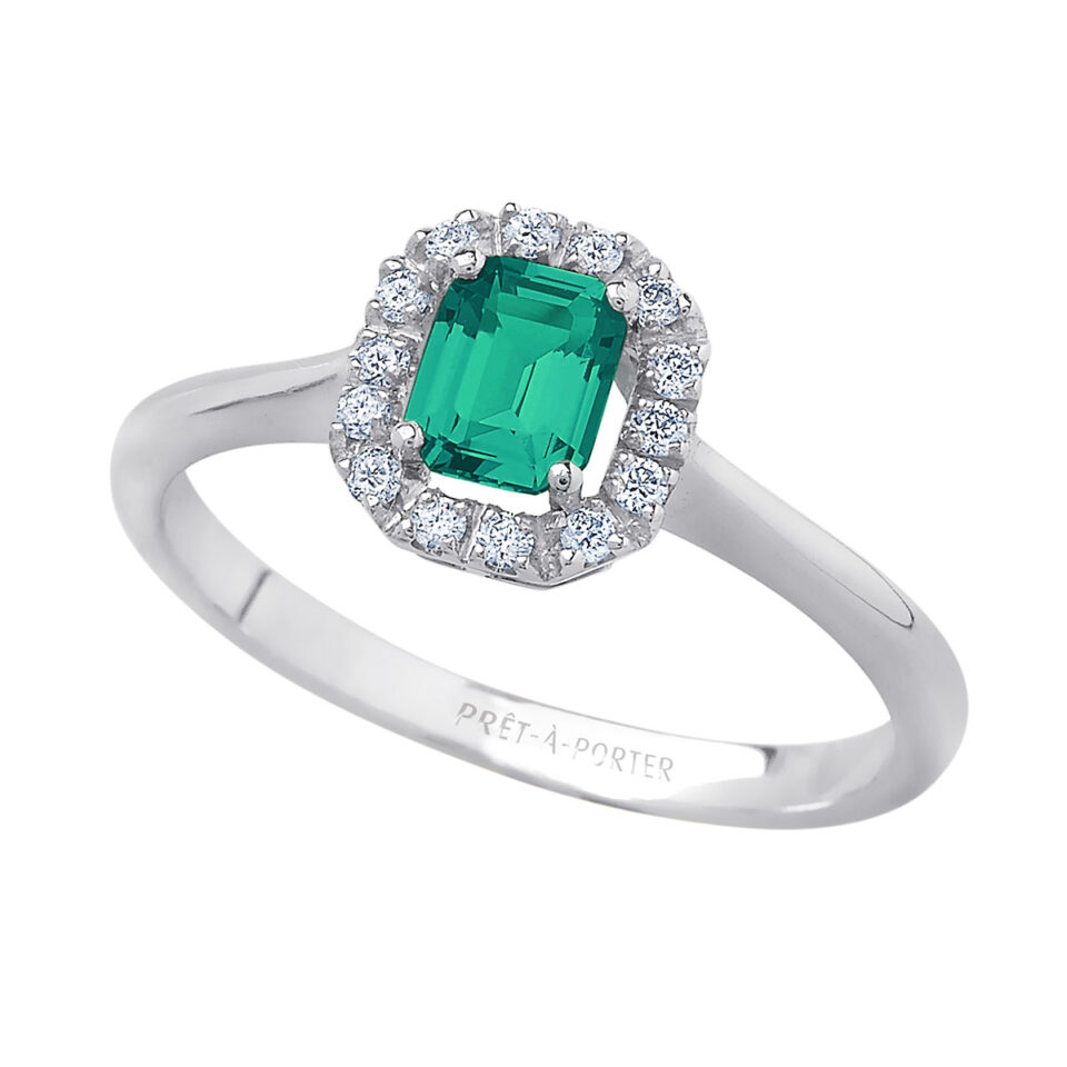 anello donna in oro bianco con smeraldo verde ottagonale e contorno di diamanti di bibigì