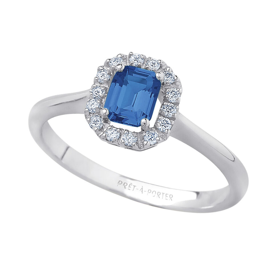 anello donna in oro bianco con zaffiro blu ottagonale e contorno di diamanti di bibigì