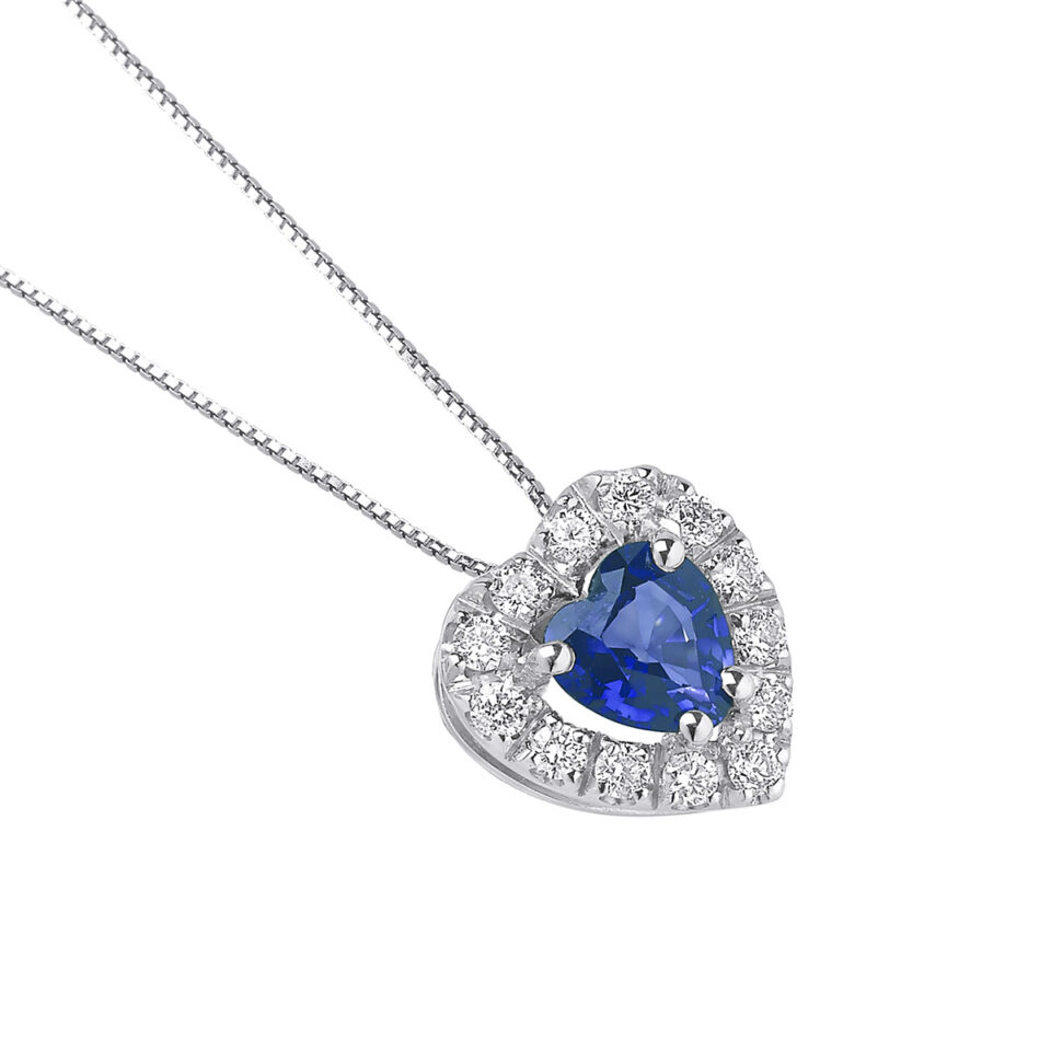 collana oro bianco ciondolo cuore zaffiro blu e diamanti bibigì ck0017bz55
