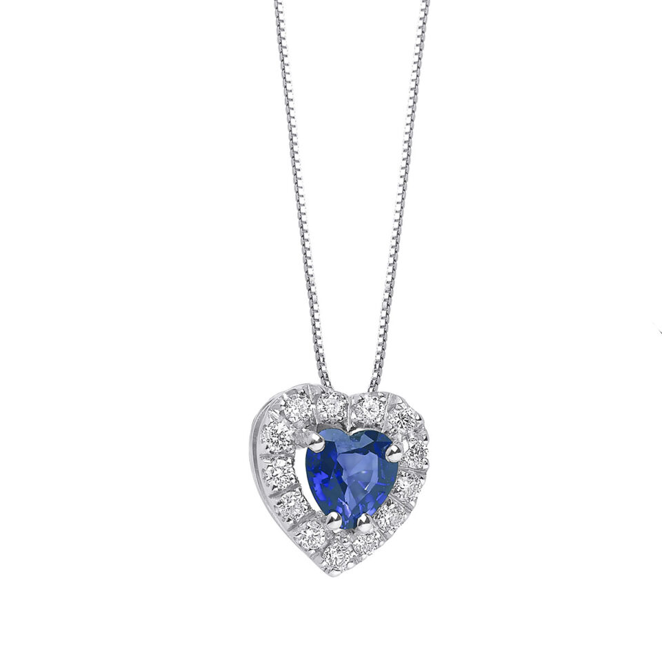 collana oro bianco ciondolo cuore zaffiro blu e diamanti bibigì ck0017bz55
