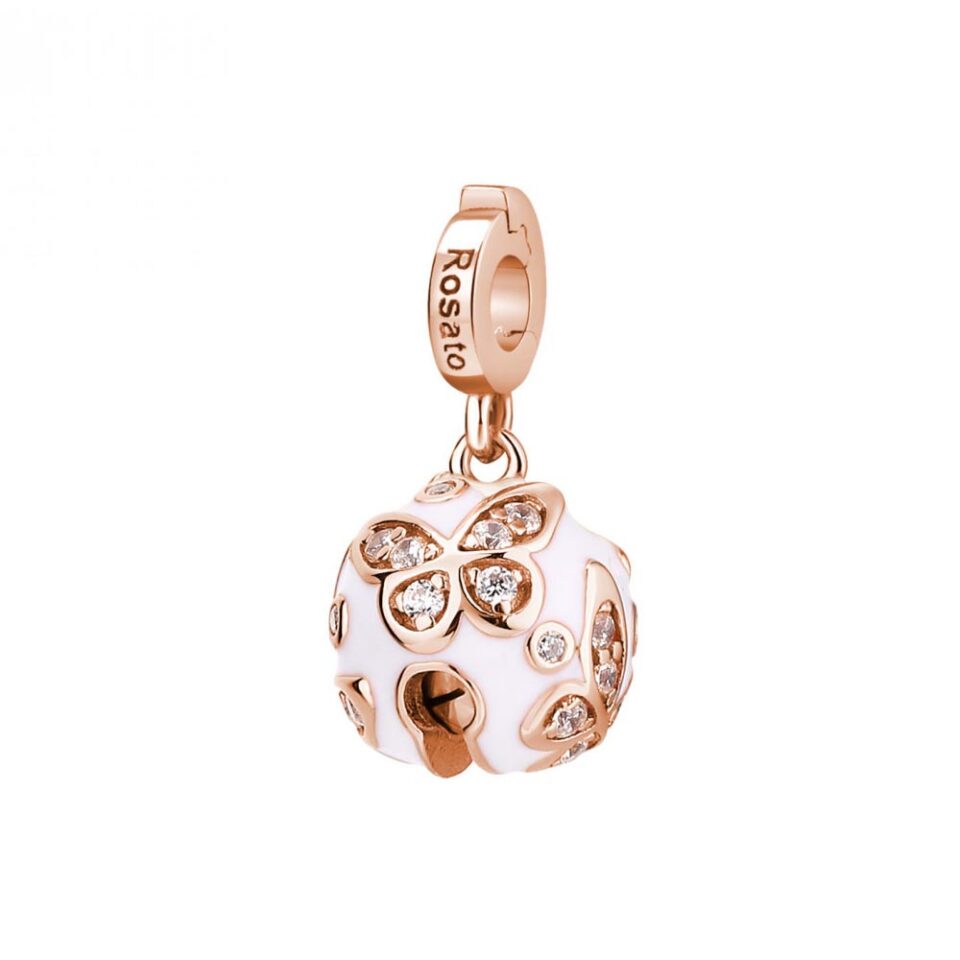 ciondolo charm campanellino argento oro rosa e smalto bianco rosato rz177