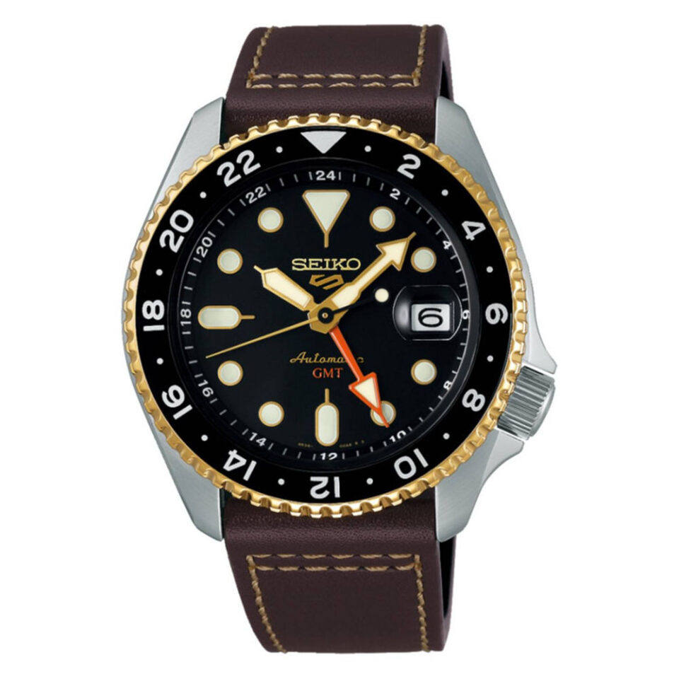 Orologio-Seiko-5-Sports-Automatico-GMT-Quadrante-Marrone-Nero-Cinturino-Pelle-SSK036K1