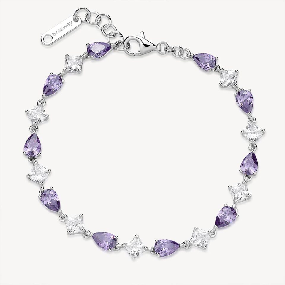 bracciale tennis donna Brosway in argento con zirconi viola ametista taglio goccia e bianchi fmp113