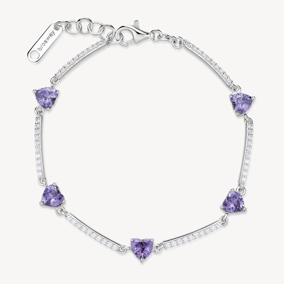 bracciale tennis donna Brosway in argento con zirconi viola ametista taglio cuore e bianchi fmp119