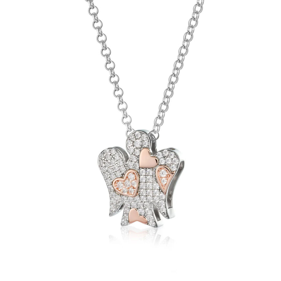 Collana donna Roberto Giannotti con pendente angelo in argento e cuori rosa in pavé di zirconi bianchi, modello GIA357