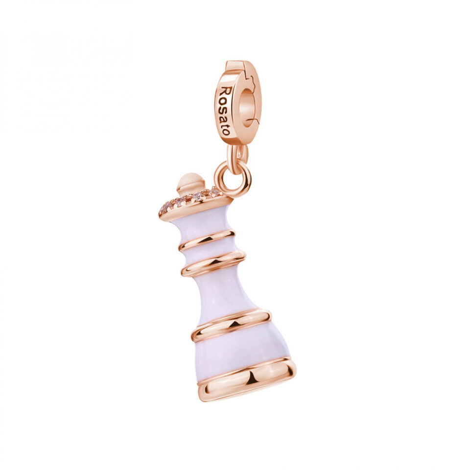 ciondolo charm regina scacchi argento placcato oro rosa e smalto bianco rosato gioielli rz244